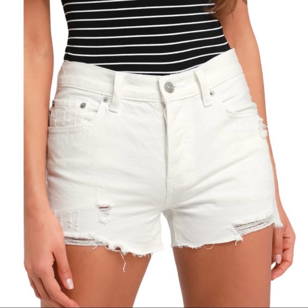 Free People Sophia High Waist Denim Shorts White Raw Hem Button Fly 24 NWT NEW
